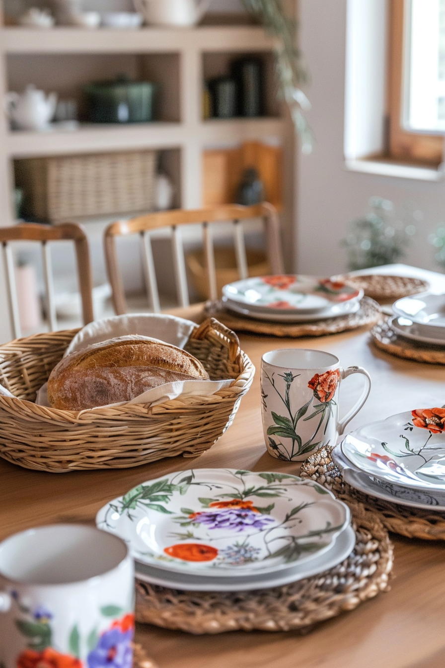 ALT text: A cozy dining table set with floral patterned plates and cups, a basket with fresh bread, and a blurred kitchen shelf backdrop.