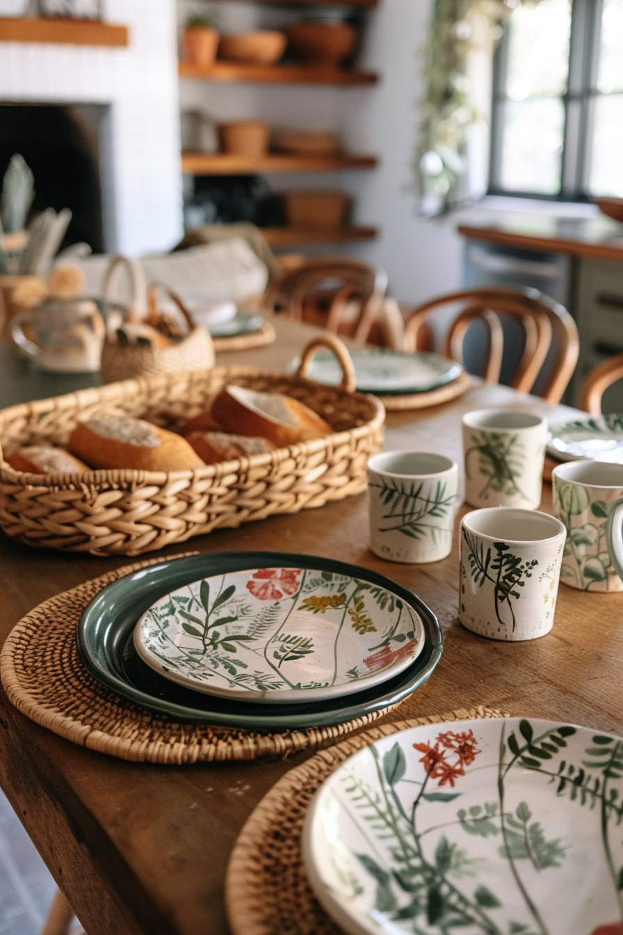 A cozy kitchen scene with rustic floral-patterned tableware on a wooden table, highlighted by natural light.