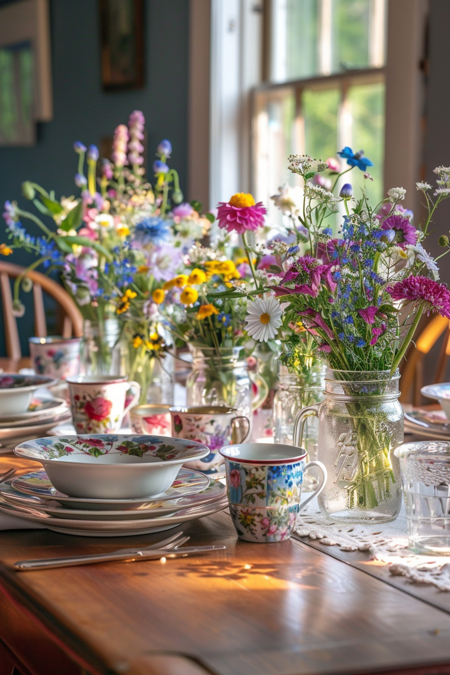A sunlit dining table set with floral-patterned china and adorned with multiple vases of colorful wildflowers.