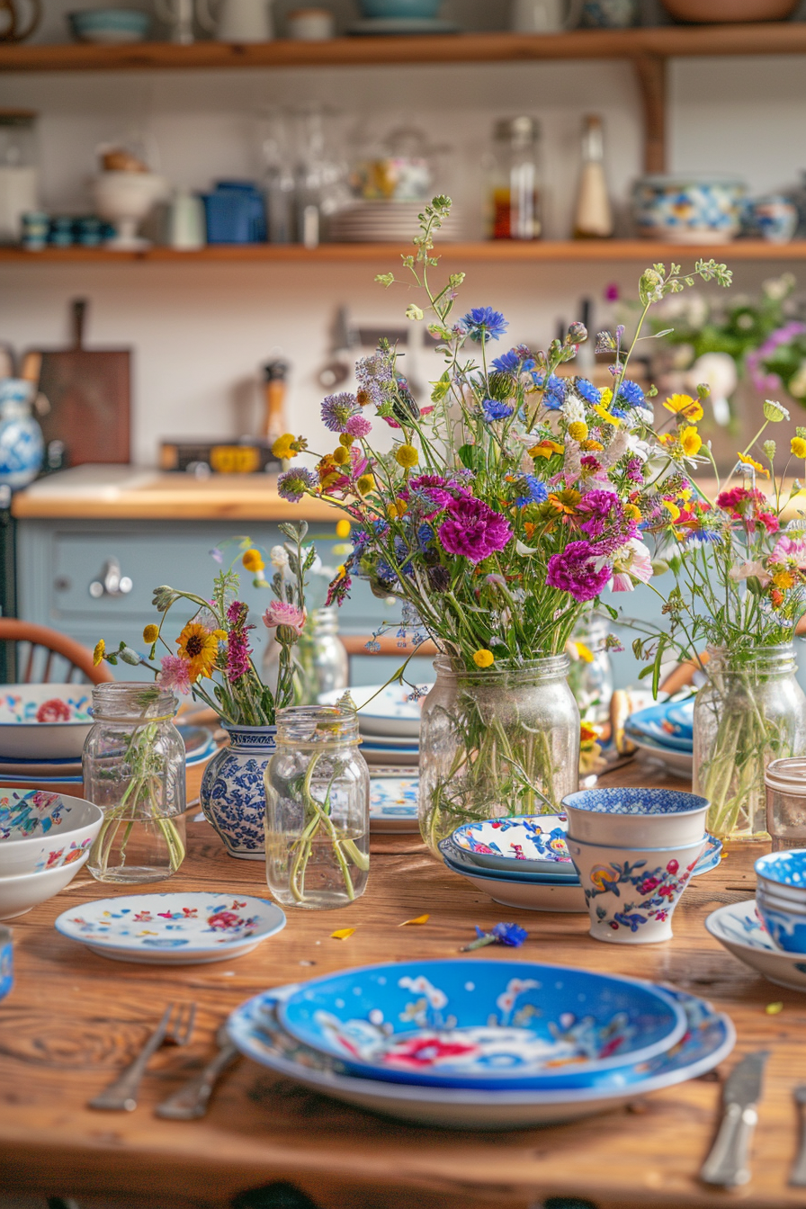 Rustic kitchen table set with colorful wildflowers in vases, blue-patterned dishes, and visible kitchen shelves with utensils.