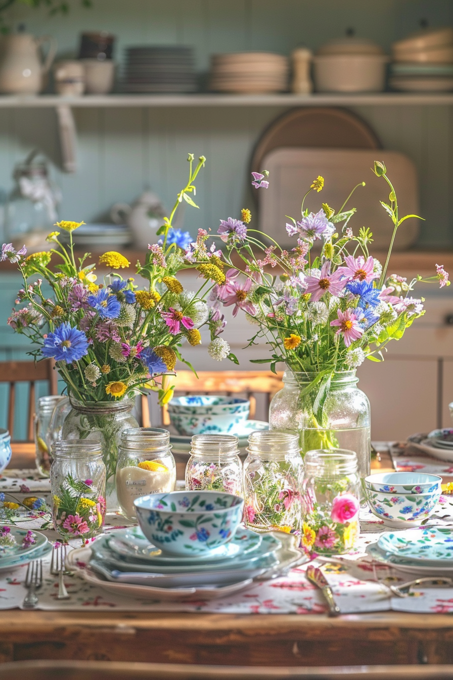 A cozy table setting with wildflowers in mason jars, patterned dishes, and a backdrop of kitchen shelves with pottery.