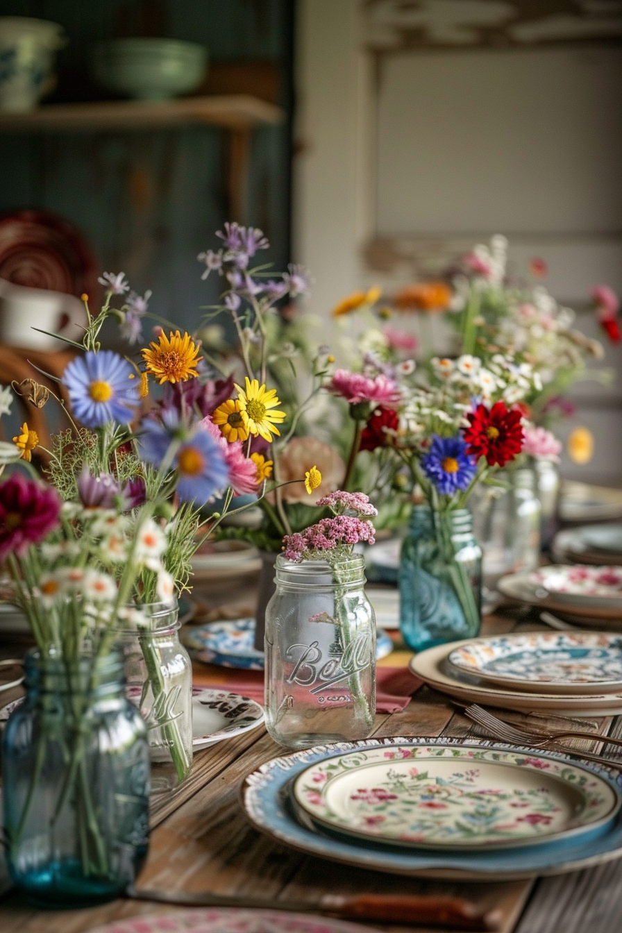 A rustic dining table set with vintage plates and colorful wildflowers in mason jars, exuding a cozy, homey atmosphere.