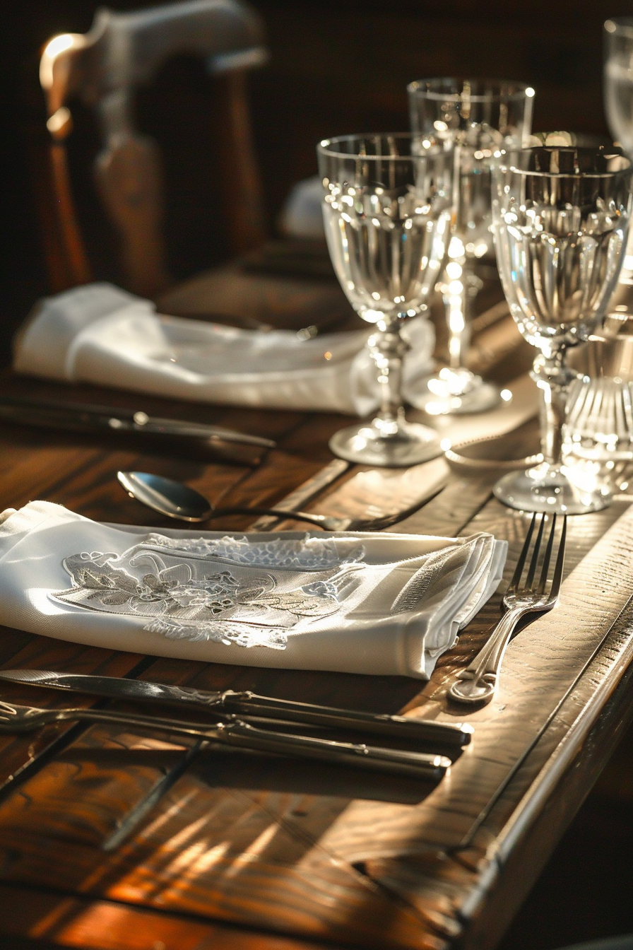 Elegant dining table setting with crystal wine glasses, silverware, and a napkin in warm, ambient light.