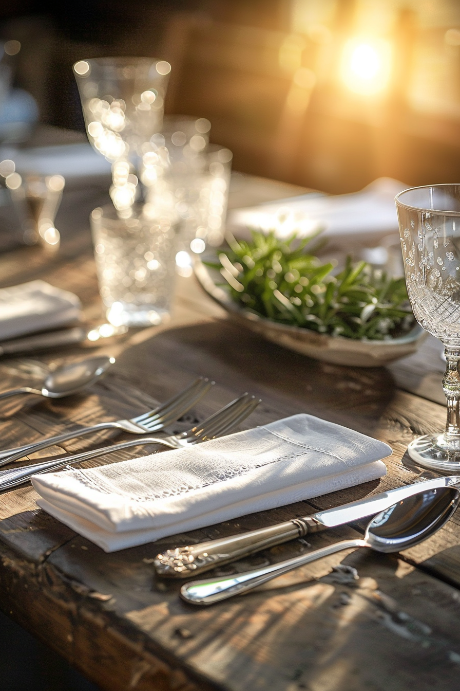 Elegant dining table setting with crystal glasses and silverware on a rustic wooden table, bathed in warm sunset light.