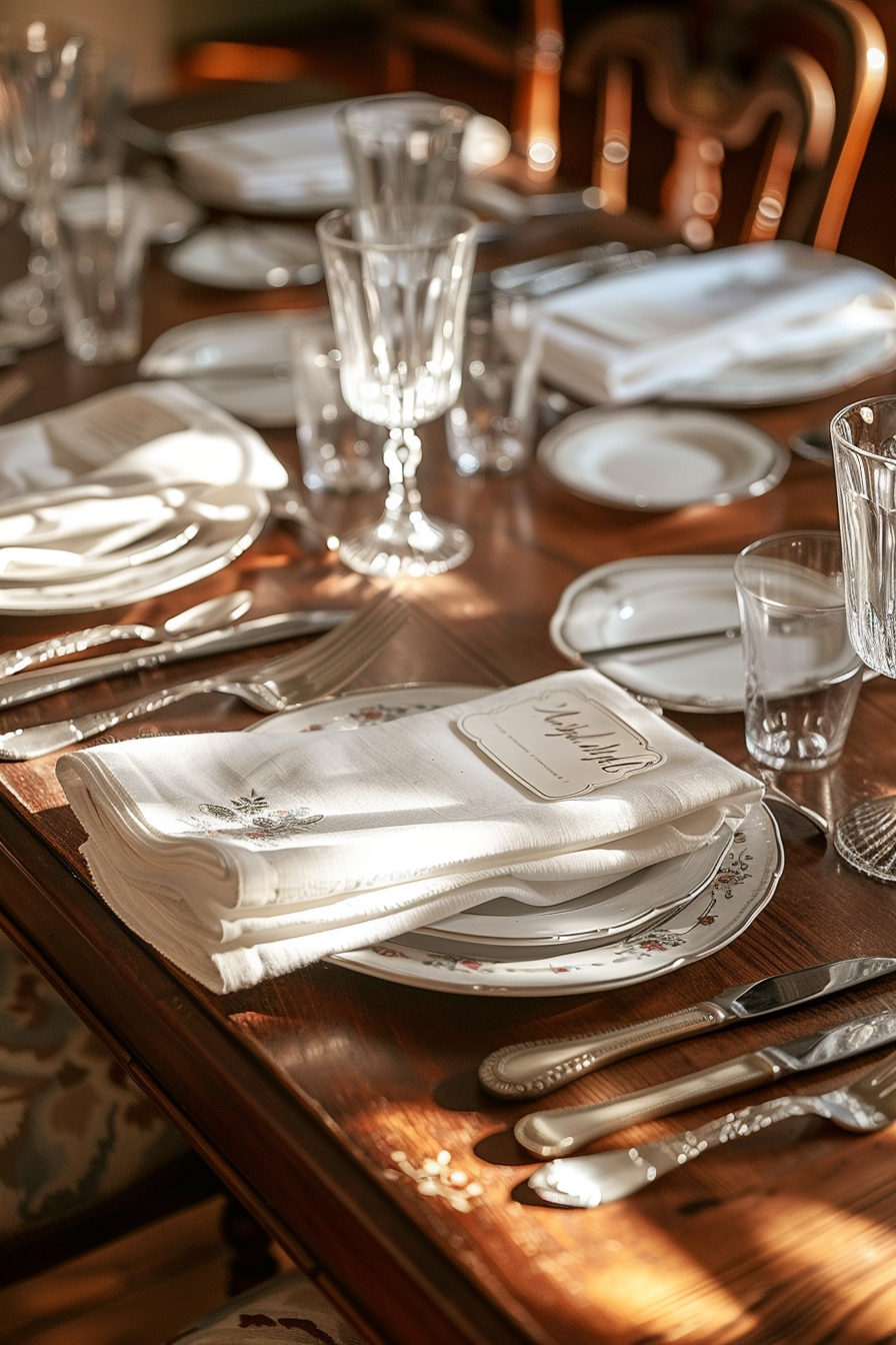 Elegant dining table setting with plates, silverware, glasses, and napkins in warm sunlight.
