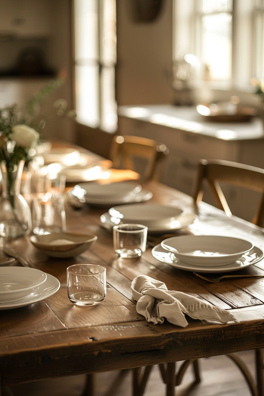 A warmly lit rustic dining table set with white plates, glasses, and napkins, ready for a cozy meal.