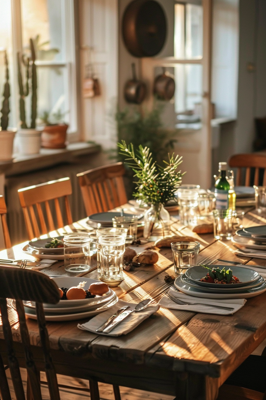 Sunlit dining table set with plates, glasses, and greenery in a cozy room.