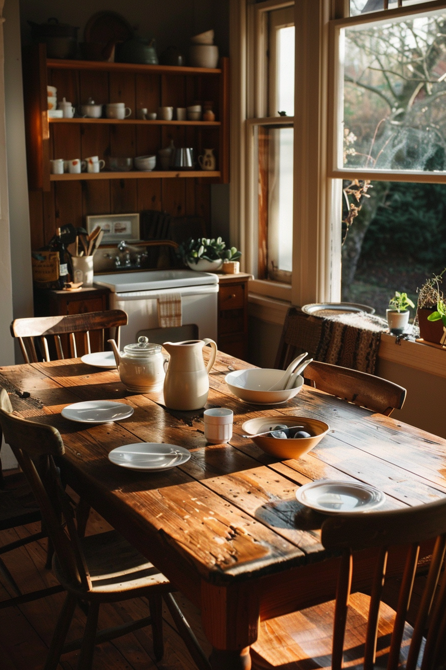 A cozy kitchen with sunlight streaming in, highlighting a wooden table set with plates, a pitcher, and bowls on a sunny morning.