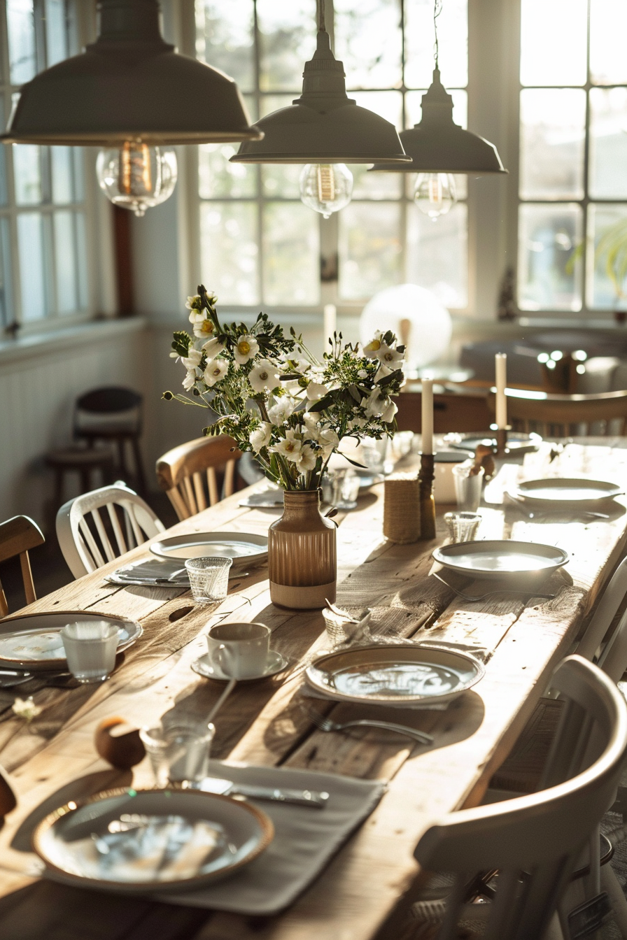 Rustic dining table set for a meal in warm sunlight, with elegant tableware, candles, and a vase of white flowers.