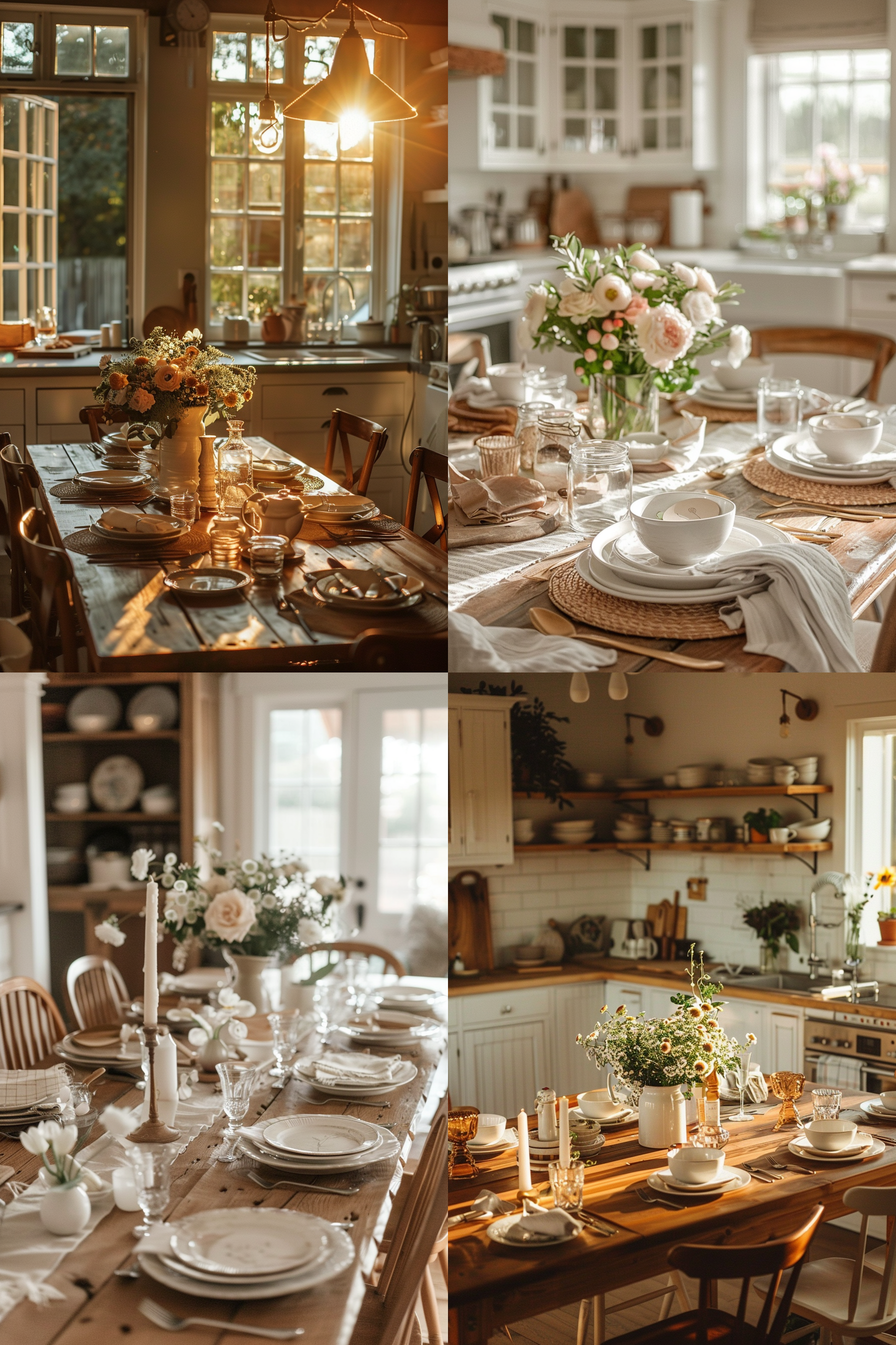 A collage of four cozy dining room and kitchen images with warm sunlight, elegant table settings, and fresh flowers.