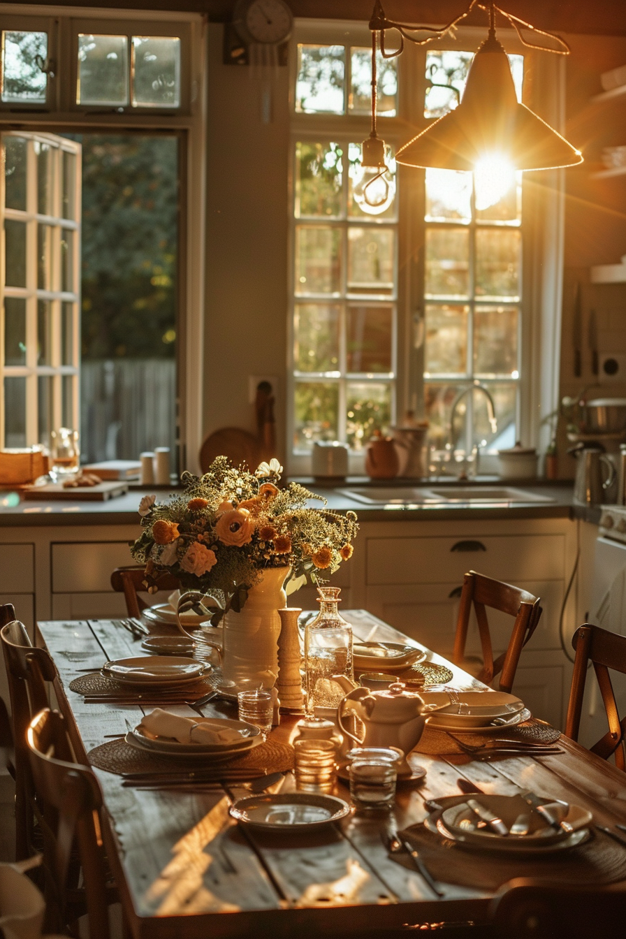 Warmly lit dining room with a wooden table set for dinner and a bouquet of flowers, sunlight streaming through the window.