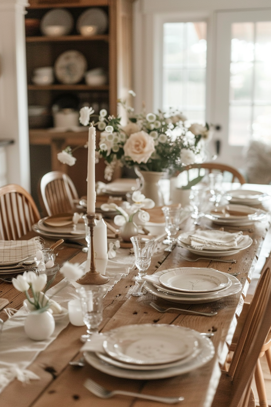 Elegantly set dining table with white plates, crystal glasses, and candles, accented with white flowers, presenting a rustic yet refined setting.