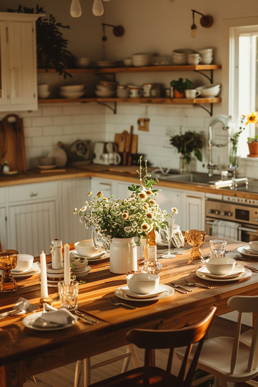 Cozy kitchen with a wooden table set for dinner, warm light, and an arrangement of flowers in the center.