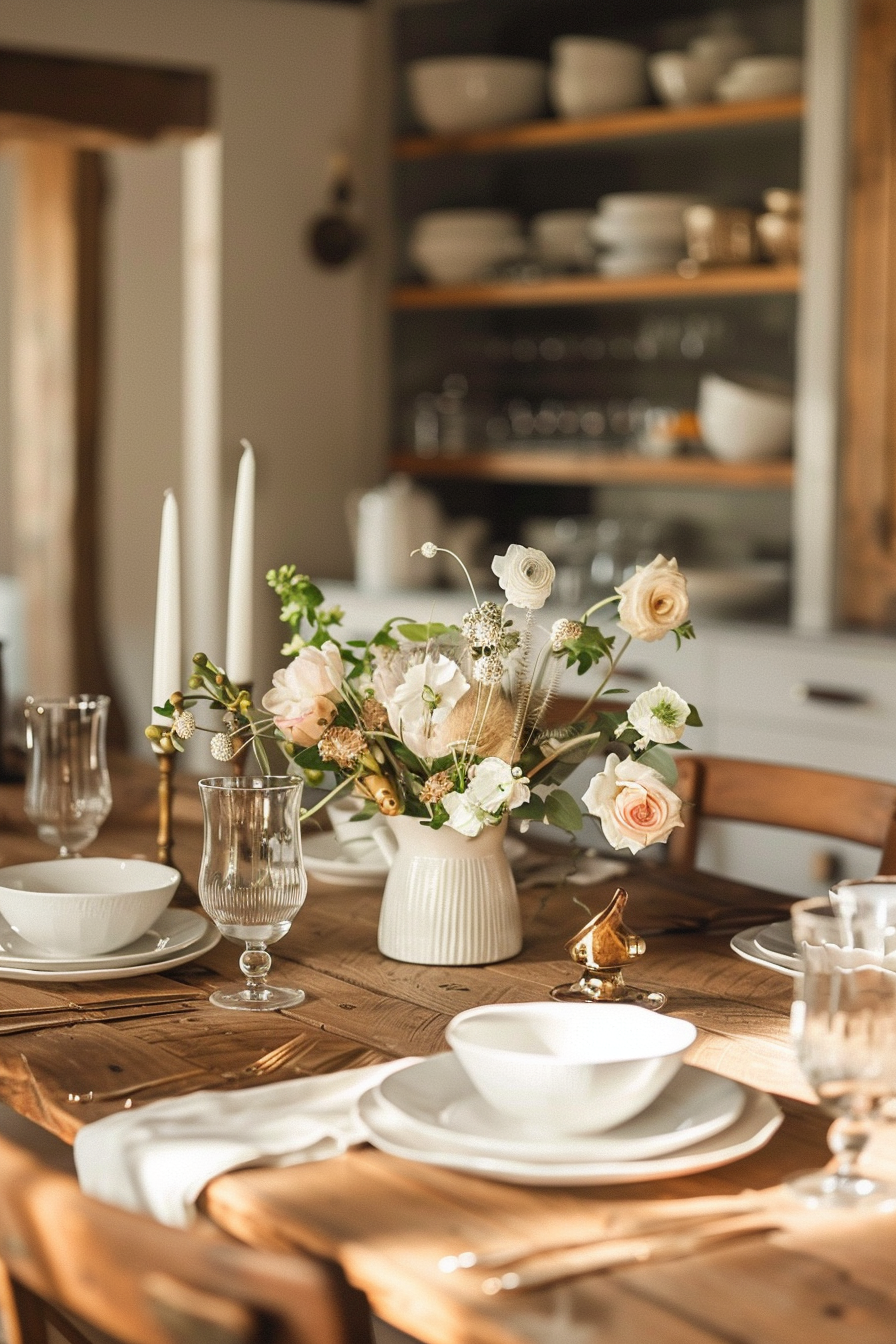 Elegant dining table set with white dishes, crystal glasses, and a centerpiece with white and peach flowers in a sunlit room.