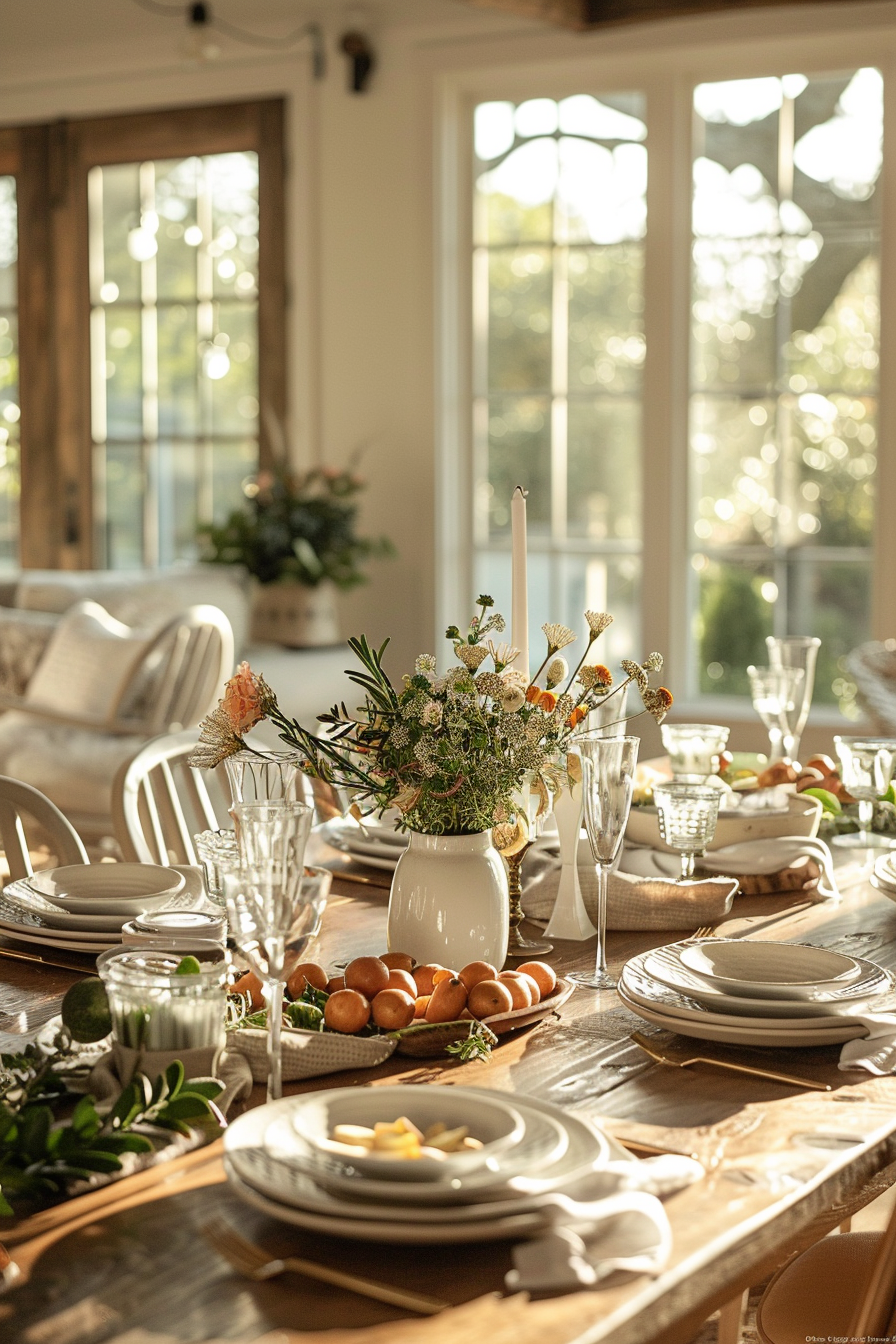 Elegantly set dining table with plates, candles, glasses, and a flower centerpiece in a sunlit room with large windows.