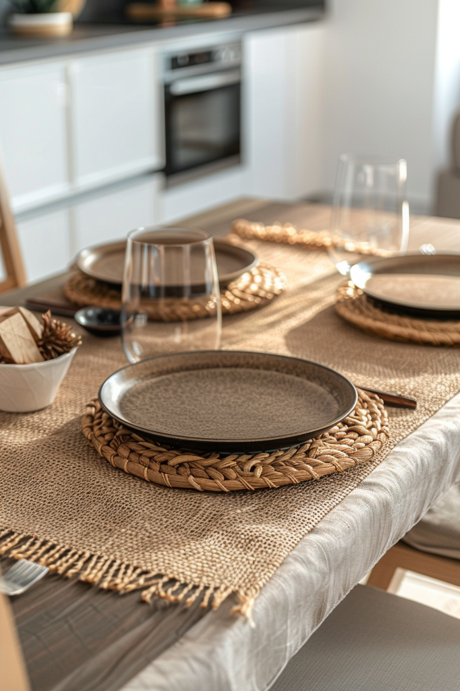 Elegant dining table setting with wicker placemats, ceramic dishes, and clear glasses in a modern kitchen.