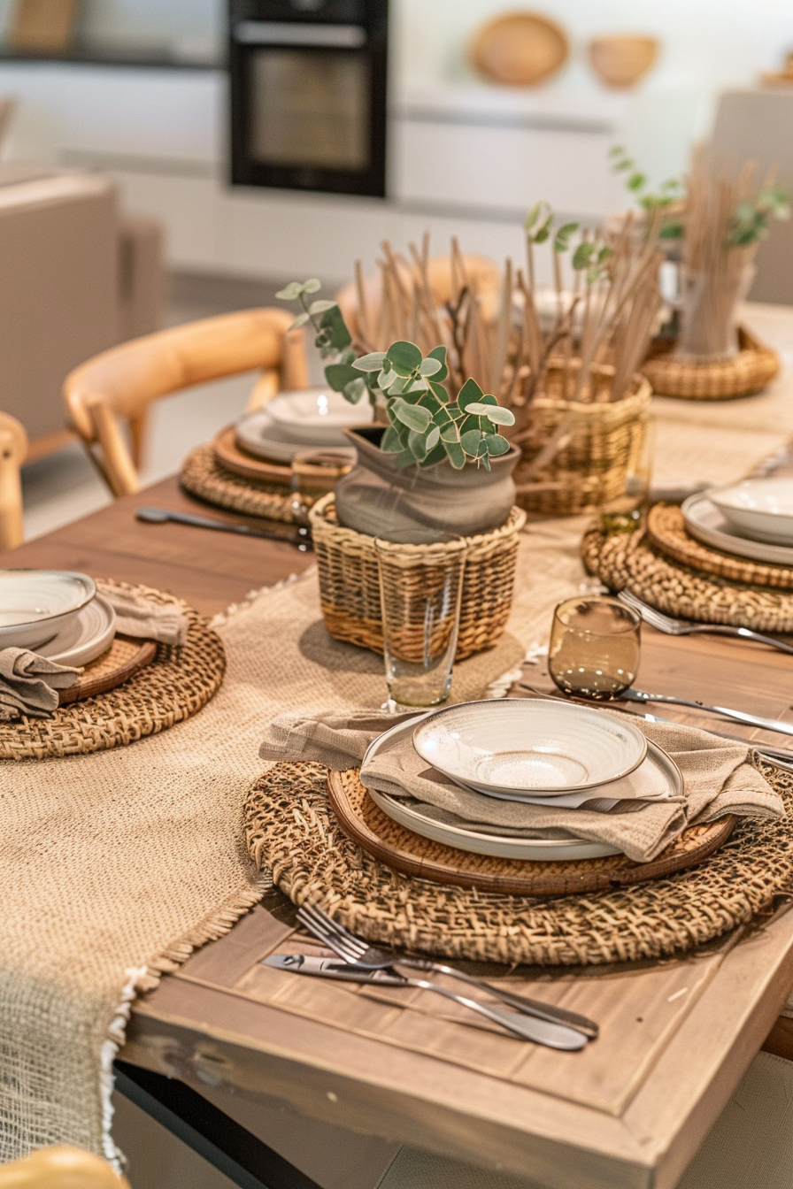 Elegantly set dining table with woven placemats, ceramic plates, cutlery, glasses, and a potted plant centerpiece.