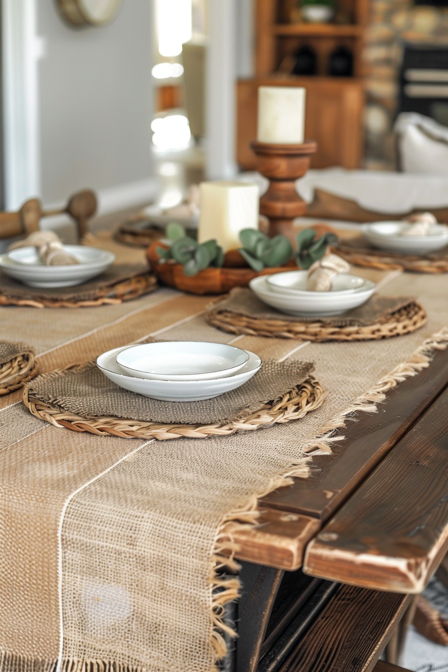 Dining table set with woven place mats, white dishes, and decorative candles, evoking a warm, rustic ambiance.