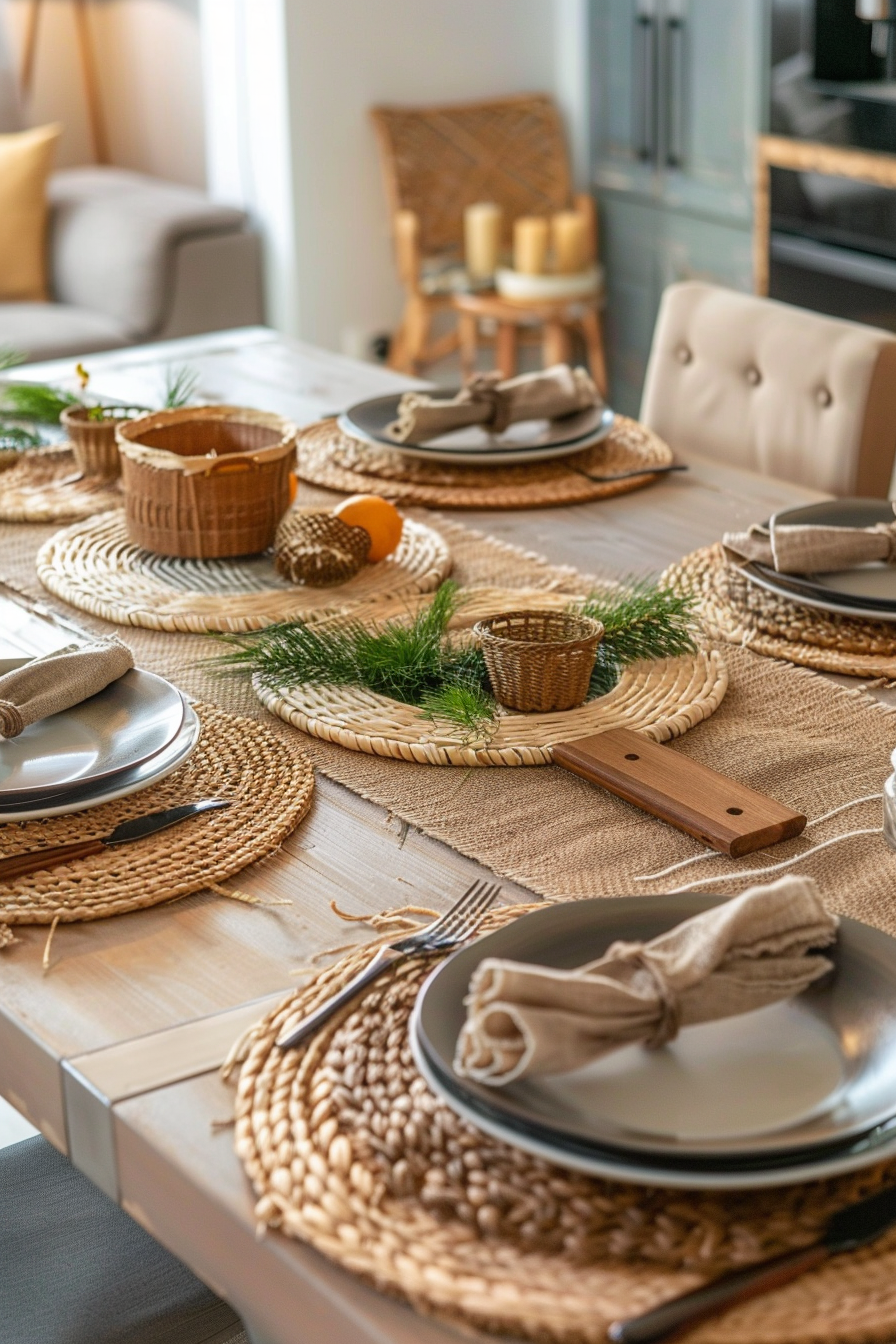 A warmly lit dining table set with wicker placemats, stoneware plates, and rustic decorations, giving a cozy, natural ambiance.