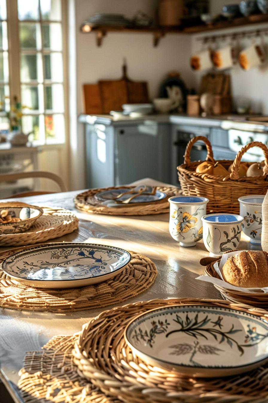 A warmly lit kitchen with a rustic table set with woven placemats, patterned dishes, and a basket of bread.