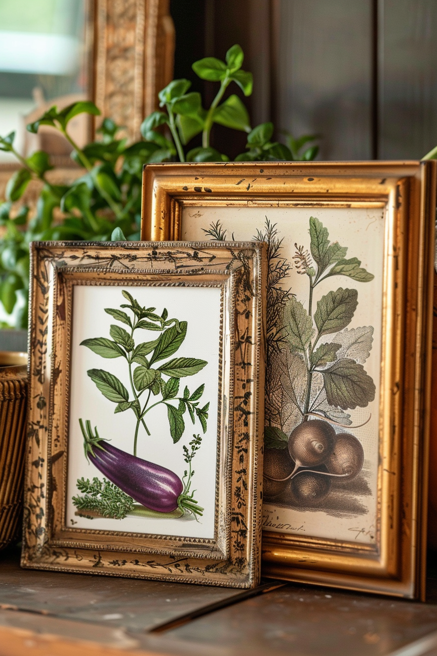 Vintage botanical illustrations of vegetables in ornate golden frames, displayed on a wood surface.