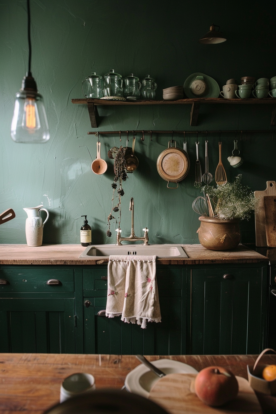 A cozy vintage kitchen with green cabinetry, wooden countertops, open shelving displaying glassware and dishes, and hanging kitchen utensils.