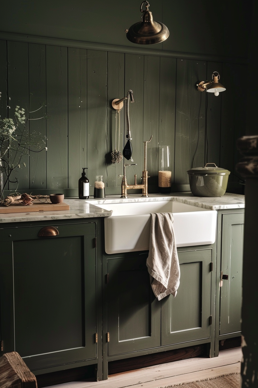 Cozy vintage kitchen corner with dark green cabinets, white farmhouse sink, antique brass fixtures, and ambient lighting.