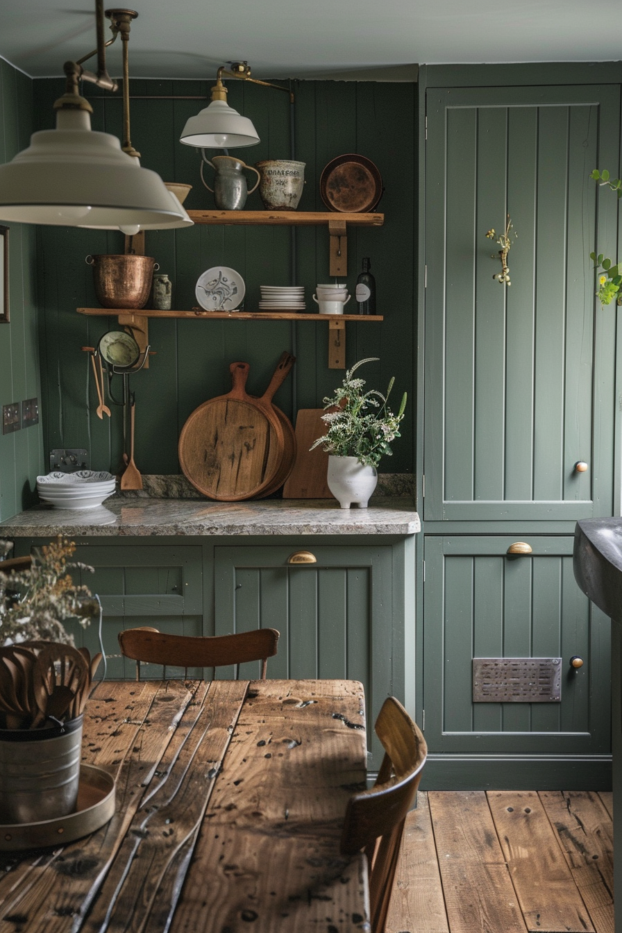 A cozy, rustic kitchen with green wooden walls, floating shelves, vintage utensils, and a worn wooden table with chairs.