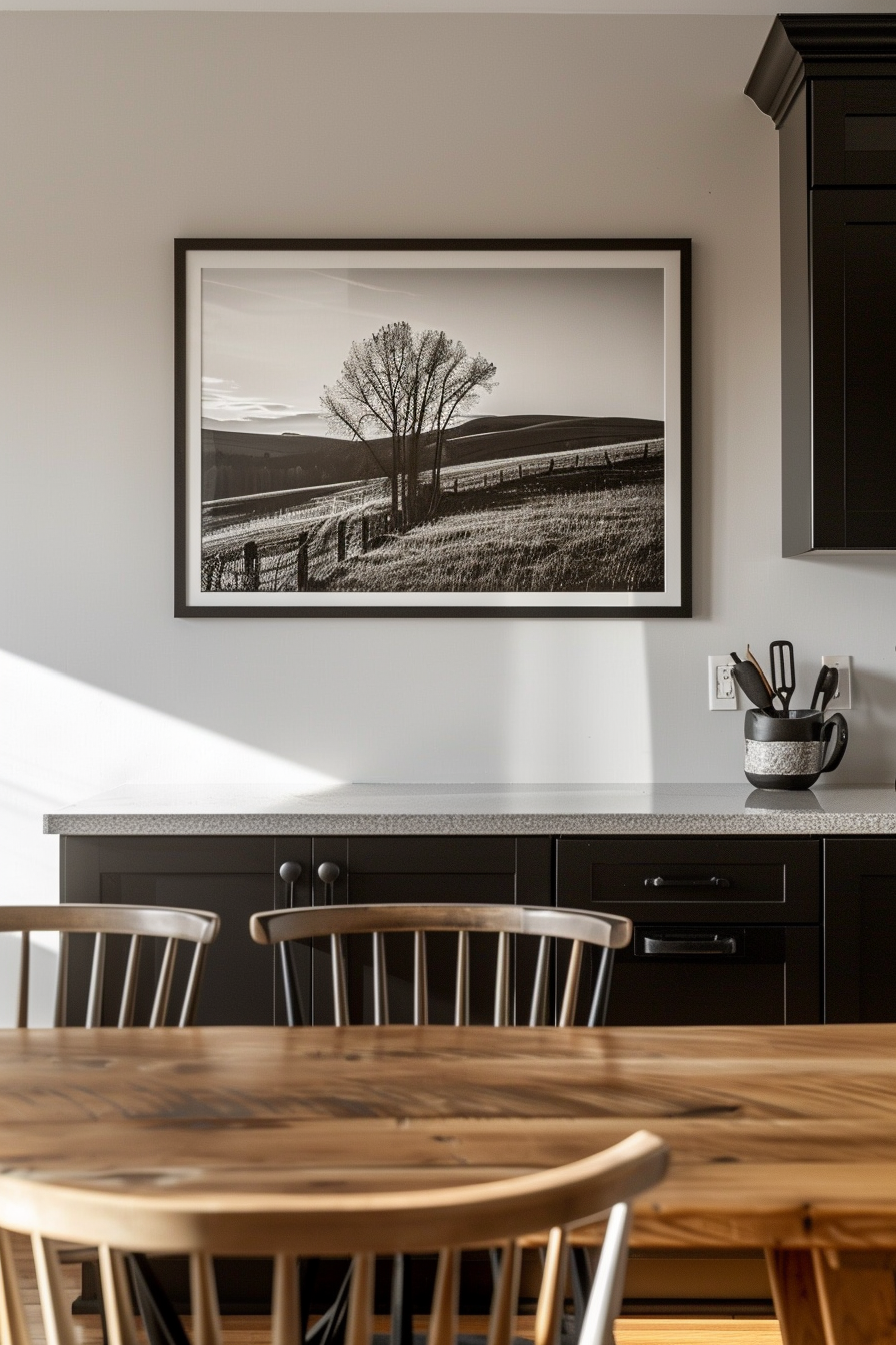 A framed black and white photograph of a solitary tree in a field hanging above a kitchen counter, with wooden chairs and a table in the foreground.