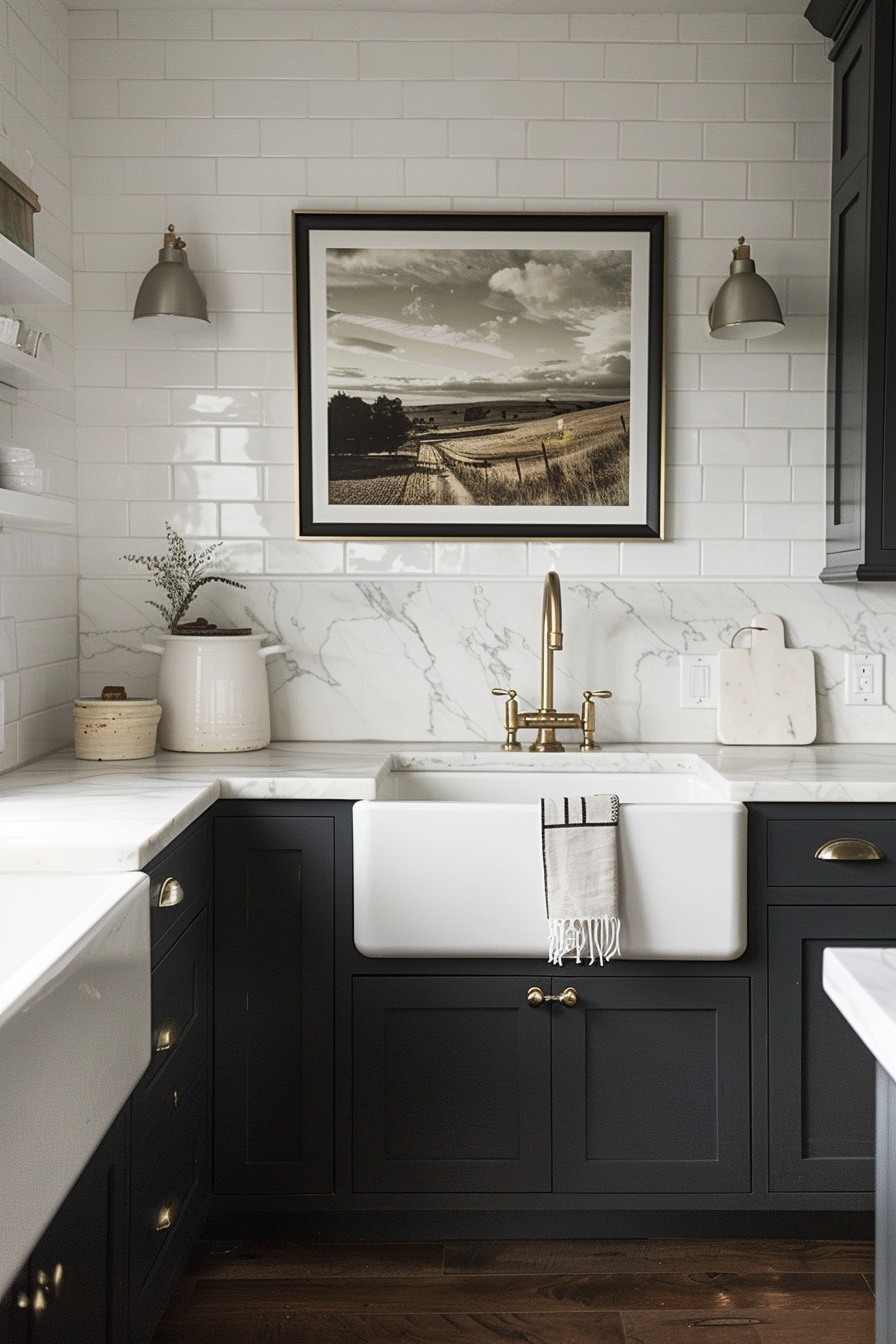 Elegant kitchen interior with dark cabinetry, white subway tiles, marble countertops, and a framed landscape photo above the sink.