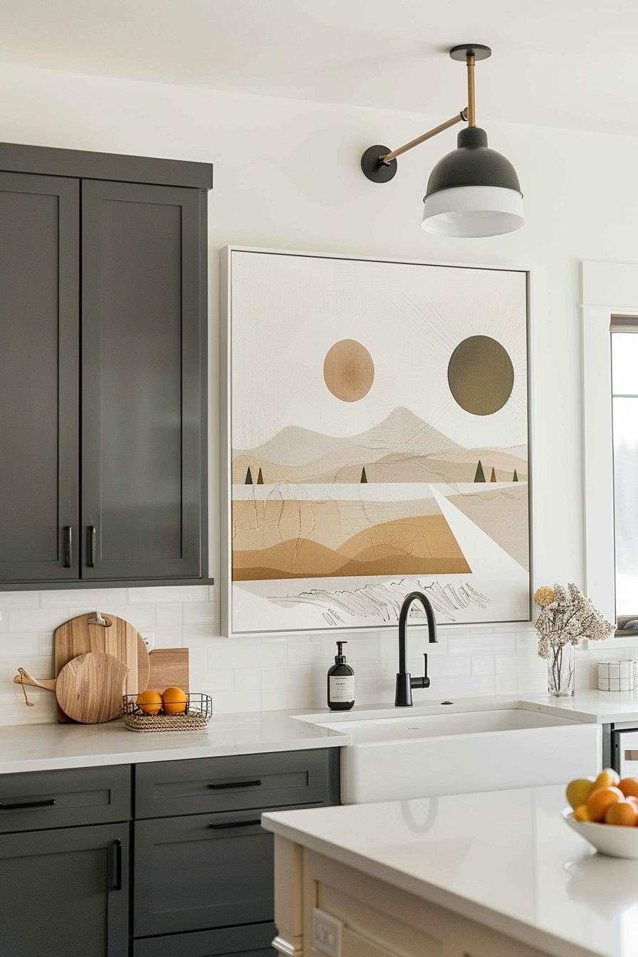 Modern kitchen interior with dark cabinets, a white countertop, and a geometric abstract art piece on the wall.