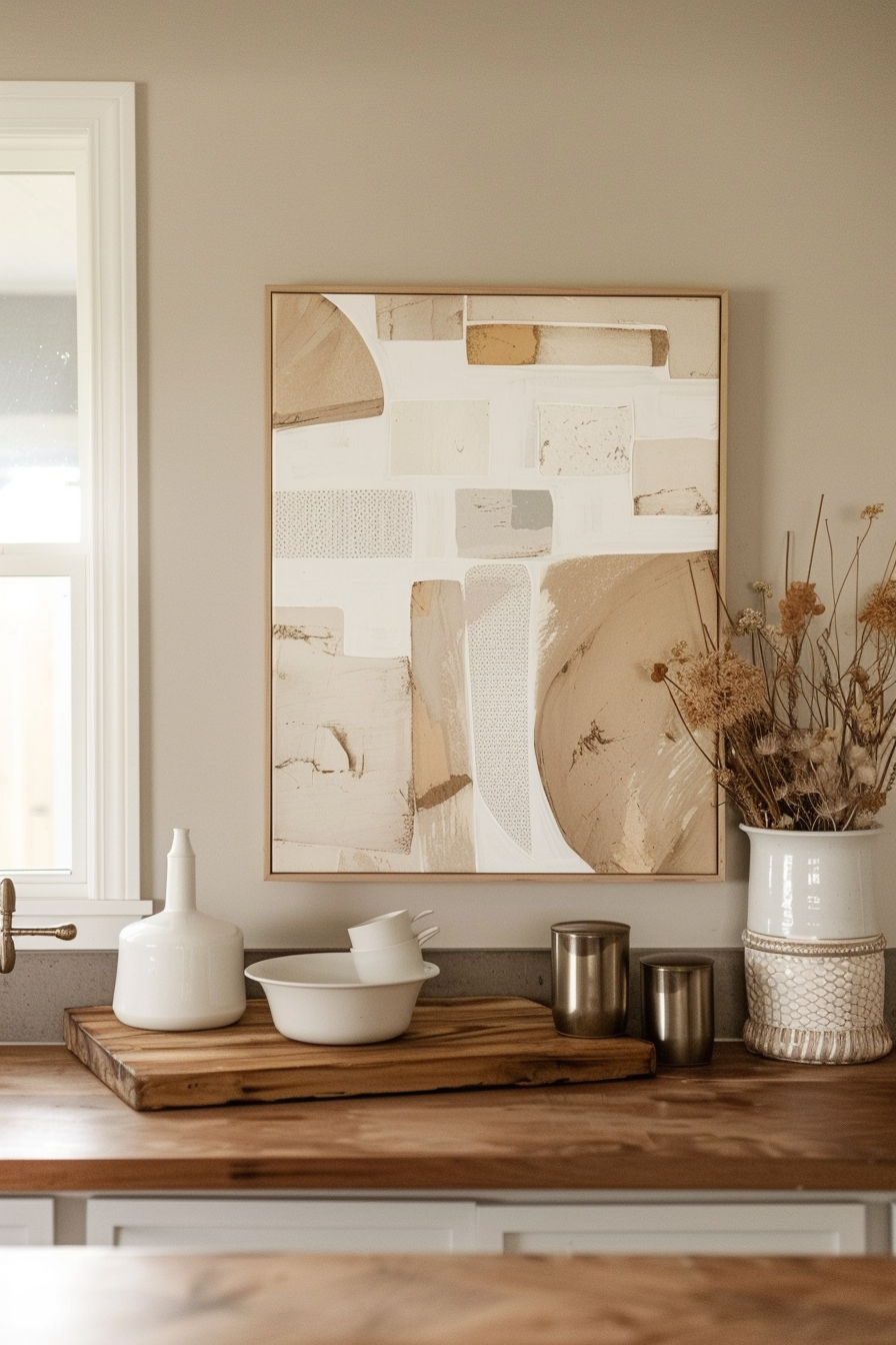 A neutral-toned abstract painting hangs above a wooden kitchen countertop adorned with simple white crockery and metallic canisters.