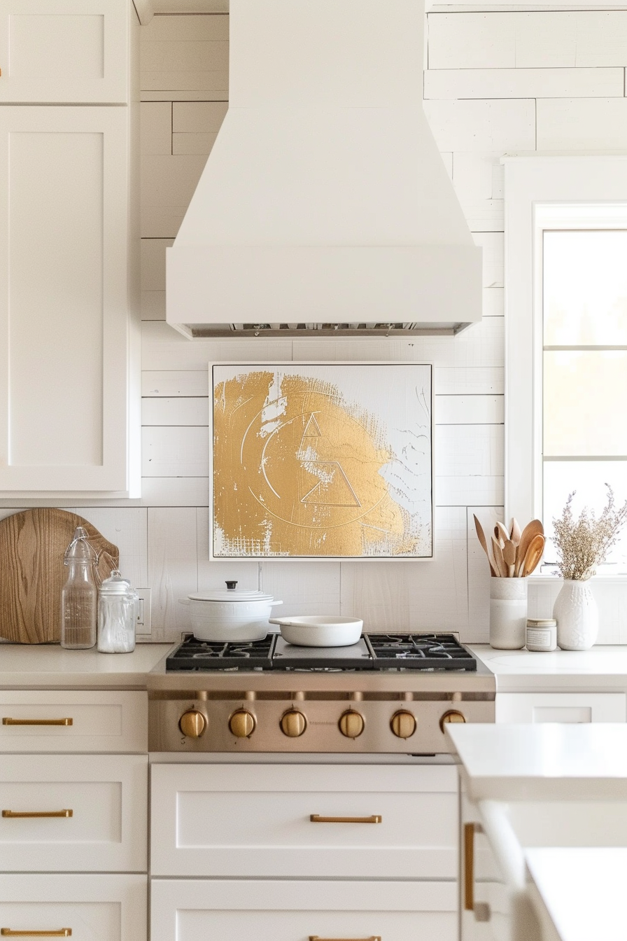 Modern kitchen with white cabinetry, a gas stove with brass knobs, utensils in a holder, and a framed abstract gold art piece on the wall.