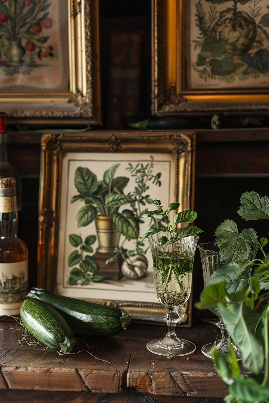 A vintage botanical-themed setup with framed plant illustrations, fresh zucchinis, and a herbal drink on a rustic wooden table.