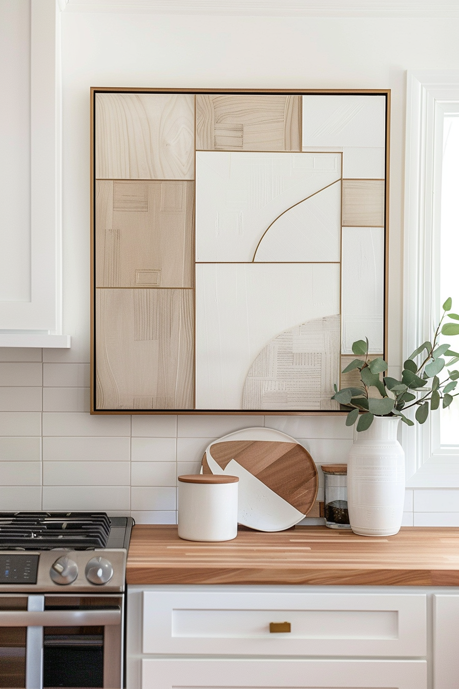 Modern kitchen interior with wooden countertop, geometric wall art, and subtle decor items including a vase with eucalyptus leaves.