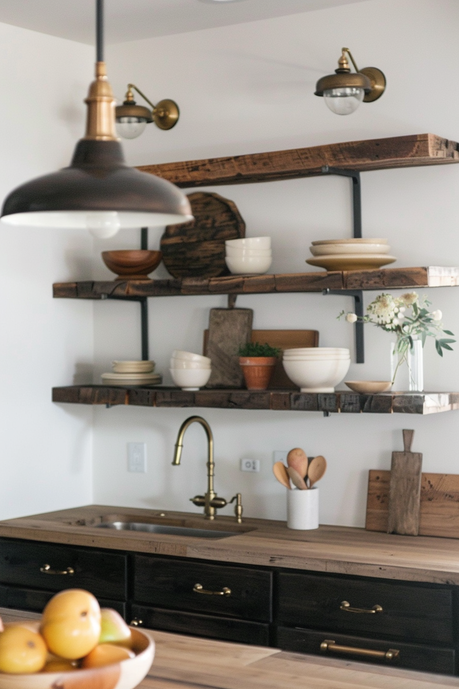 A cozy kitchen corner with reclaimed wood open shelving, dishes, a pendant light, and a sink with vintage-style faucet.