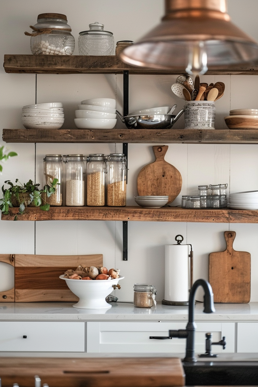 Rustic kitchen interior with open wooden shelves stocked with dishes, jars of grains, pots, and cutting boards, with a copper pendant light above.