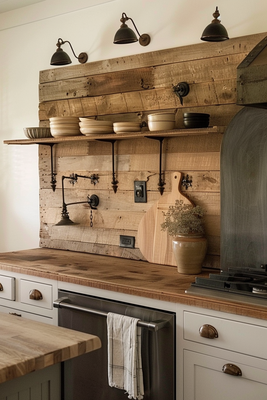Rustic kitchen interior with wooden countertops, shelves with pottery, iron brackets, vintage wall lamps, and a striped towel on an oven handle.