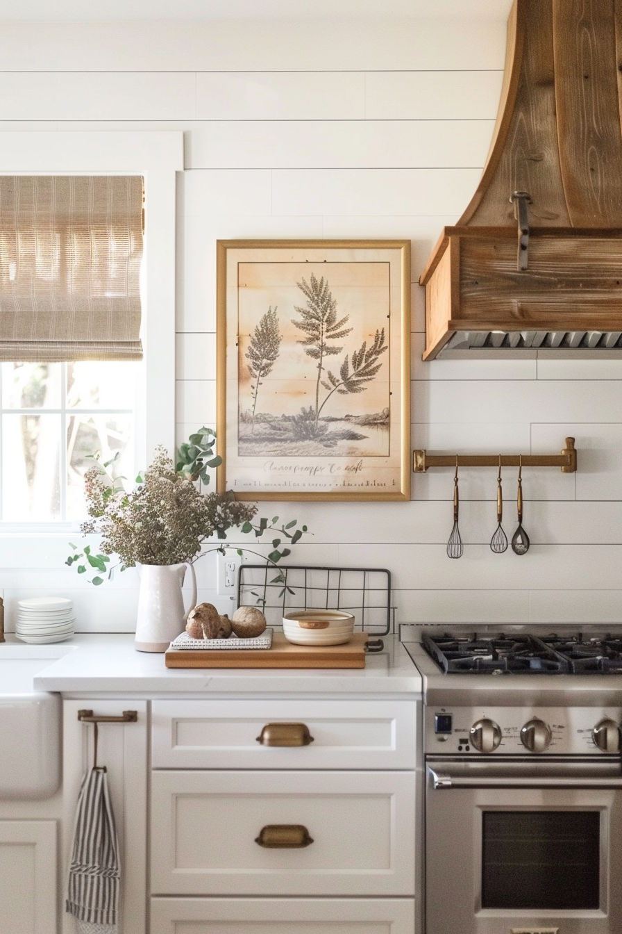A cozy kitchen interior with white cabinets, wooden accents, and a framed botanical print above the countertop.