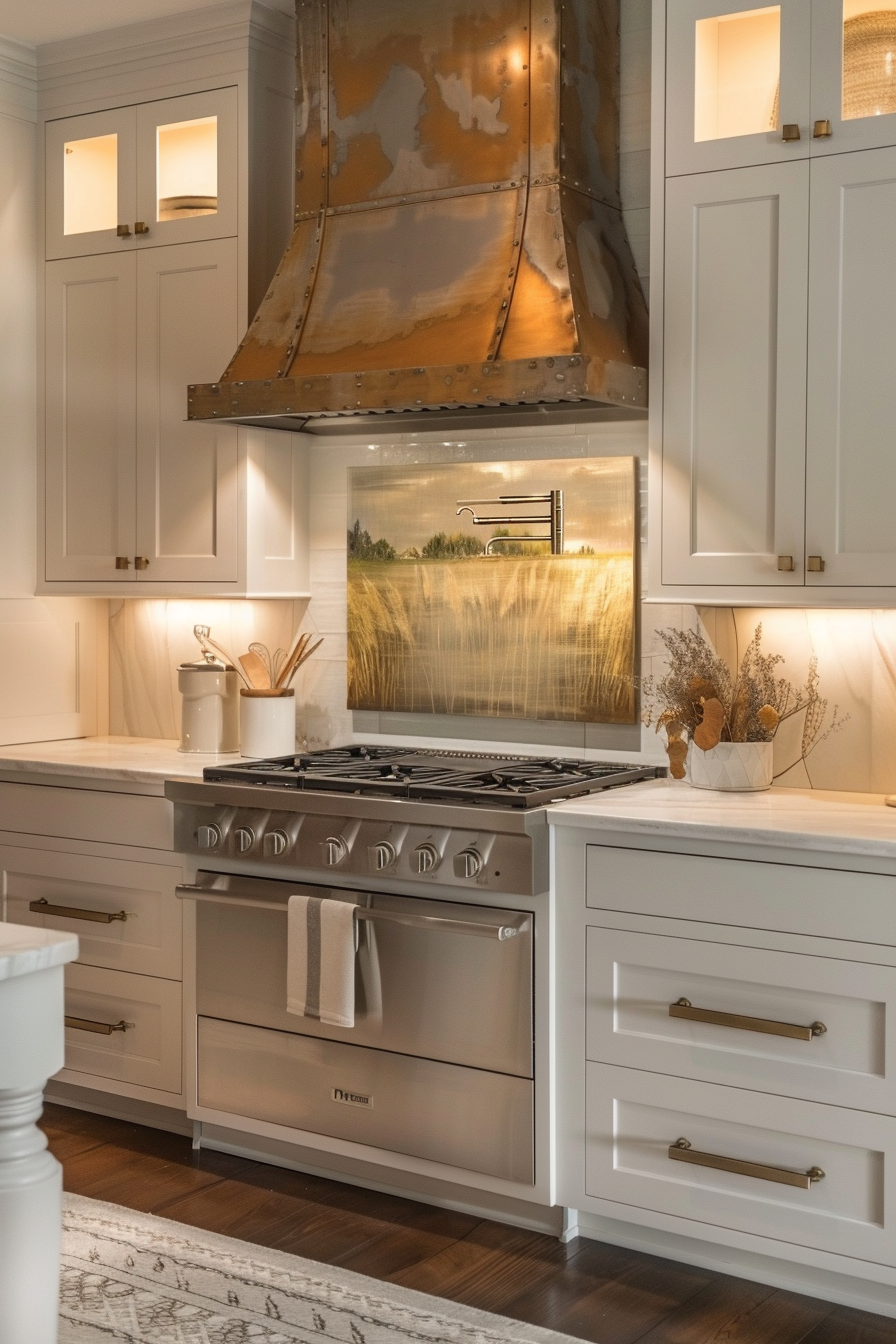 A cozy kitchen corner with a modern stove, white cabinetry, a rustic copper hood, and subtle lighting above the countertops.