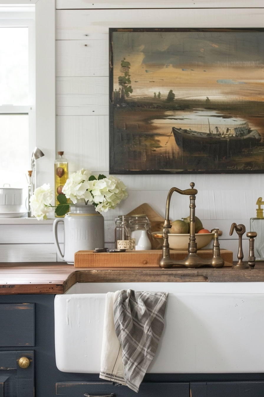 A cozy kitchen corner with a vintage painting, brass sink fixtures, white hydrangeas in a jug, and a striped towel on a farmhouse sink.