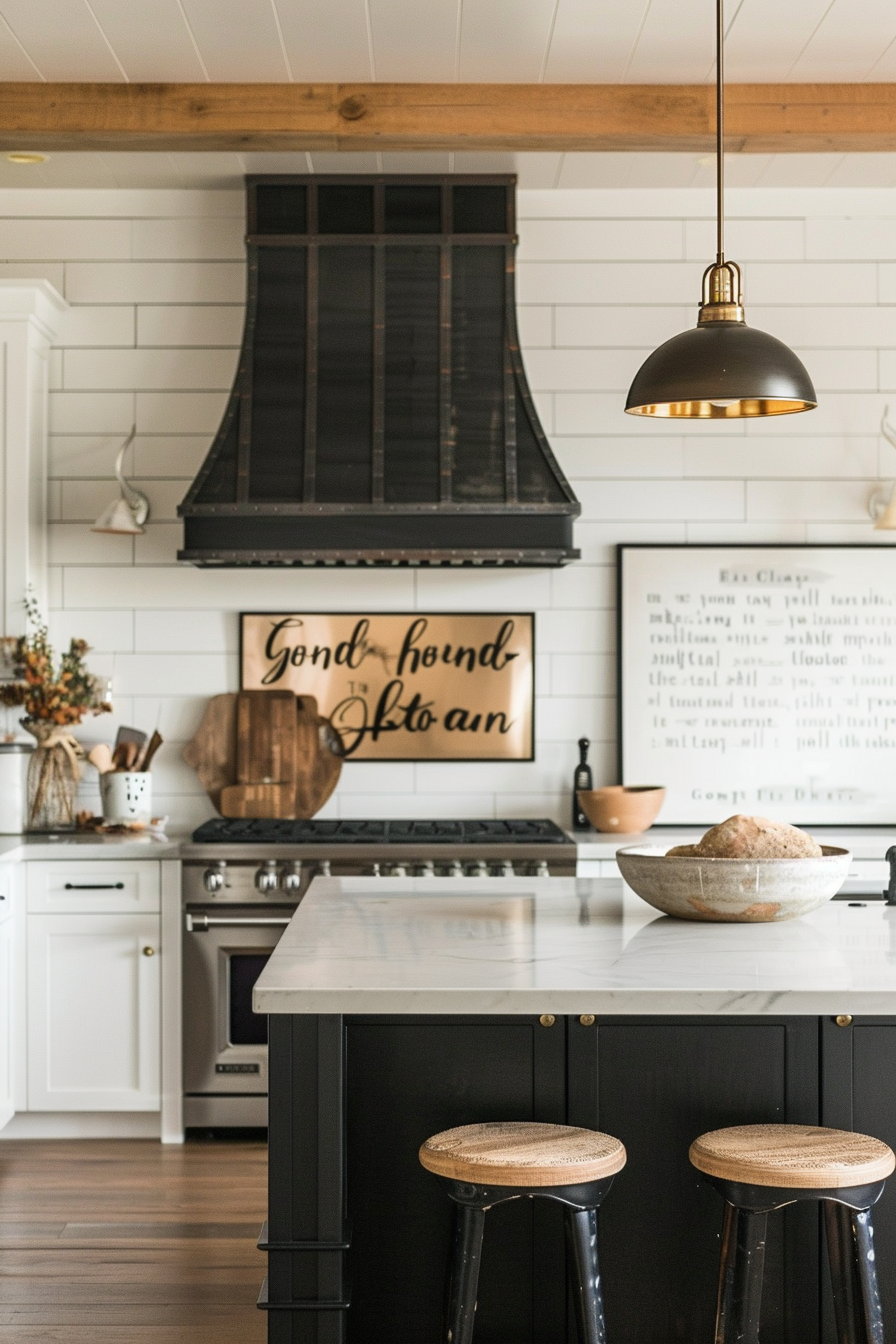 A stylish kitchen interior with white subway tiles, black cabinets, a central island with stools, and a decorative sign above the stove.