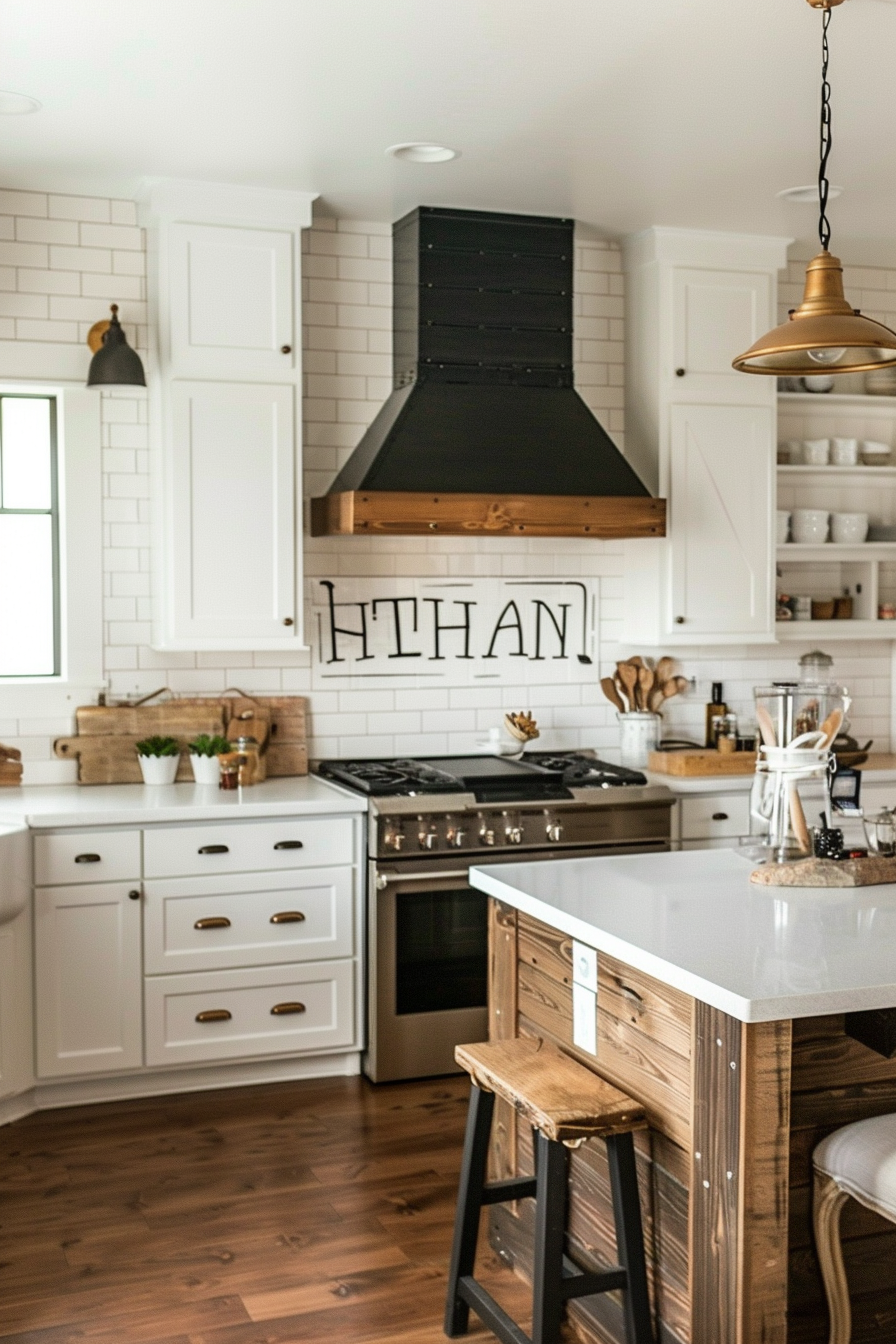 Modern kitchen interior with white cabinetry, subway tiles, black hood, wooden accents, and pendant light.