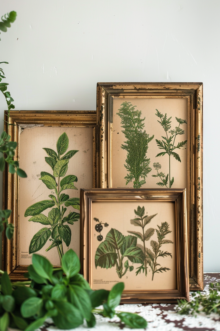 Three vintage botanical prints in ornate frames, leaning against a white wall with green plants in the foreground.