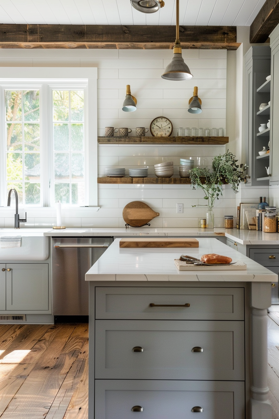 A cozy farmhouse-style kitchen with wooden beams, white shiplap walls, floating shelves, and modern appliances.