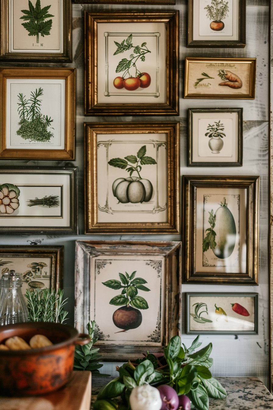 A collection of botanical illustrations in vintage frames on a wall, with herbs and vegetables in the foreground.