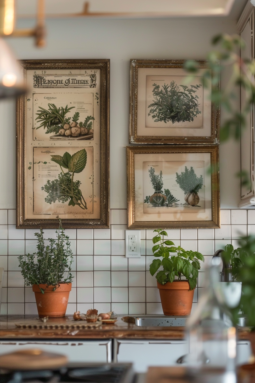 Kitchen counter with potted herbs in the foreground and vintage botanical prints on the tiled wall.