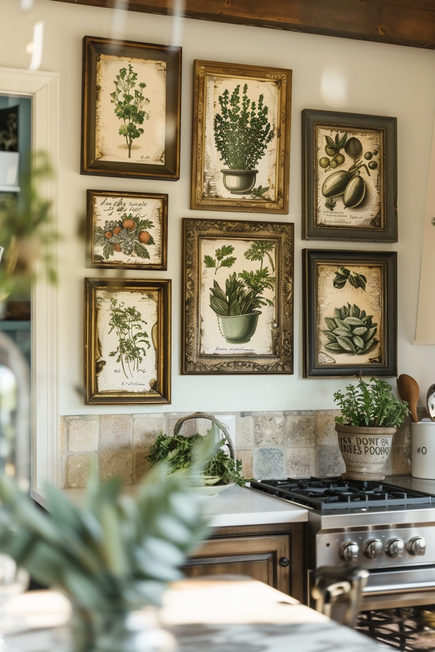 A collection of framed botanical prints on a kitchen wall above a stove with tiling, with visible potted herbs.