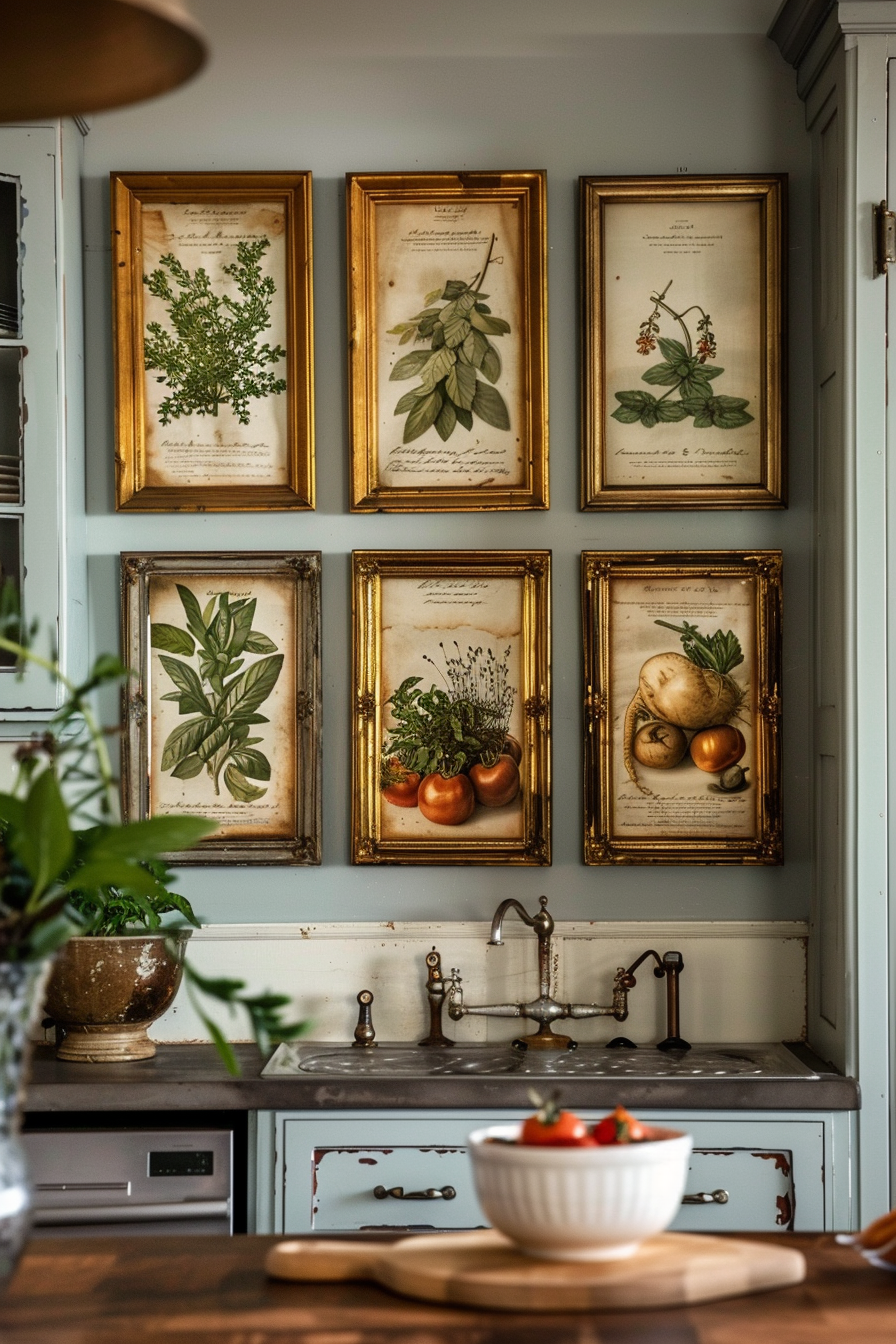 A cozy vintage kitchen with botanical prints in golden frames above a sink and a bowl of tomatoes on a wooden table in the foreground.