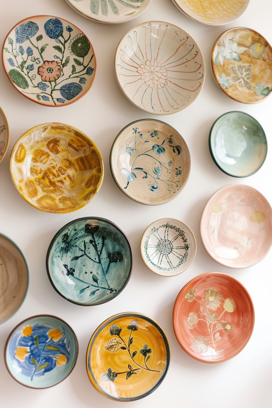 A variety of painted ceramic bowls with different floral designs displayed on a white background.